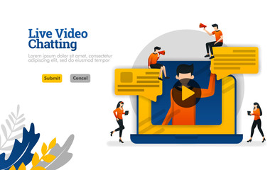 Live Video chatting with laptops, conversations for industrial vlogger ,social media vector illustration concept can be use for, landing page, template, ui ux, web, mobile app, poster, banner, website
