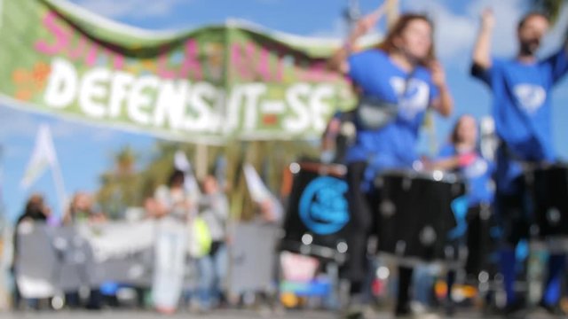 Defocused Batucada on Demonstration due to Climate Change. Barcelona 2018