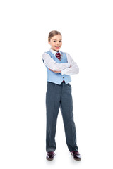 smiling schoolgirl in formal wear with crossed arms On White