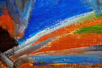 Colorful fragment of the painting. Oil paint texture with brush and palette knife strokes. Multi colored wallpaper. Macro close up acrylic background. Modern art concept. Horizontal fragment.
