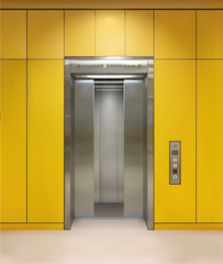 Chrome metal office building elevator doors. Open and closed variant. Realistic vector illustration yellow wall panels office building elevator.