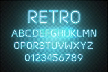 Light Neon Font Alphabet Vector . Glowing text effect. Neon tube blue letters isolated on transparent background. Vector illustration EPS 10 .