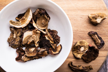 Dried forest mushrooms. Taste and aroma. Natural food