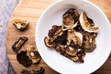 Dried forest mushrooms. Taste and aroma. Natural food
