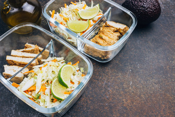 Homemade Keto lunchbowl. Turkey meat and coleslaw salads