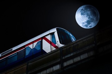 The city sky train in the full moon night,full moon night background