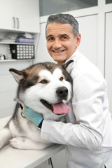 Vet hugging alaskan malamute, smiling, looking at camera.