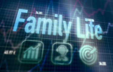 Family Life concept on a blue dot matrix computer display.