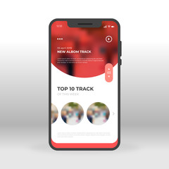 Red music tracks UI, UX, GUI screen for mobile apps design. Modern responsive user interface design of mobile applications including Online Music downloads screen