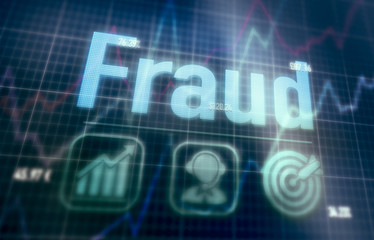 Fraud concept on a blue dot matrix computer display.