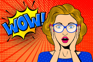 Pop art surprised female face. Comic blonde woman in glasses with WOW! speech bubble. Bright dotted background. Stock vector illustration for discount or party invitation poster.