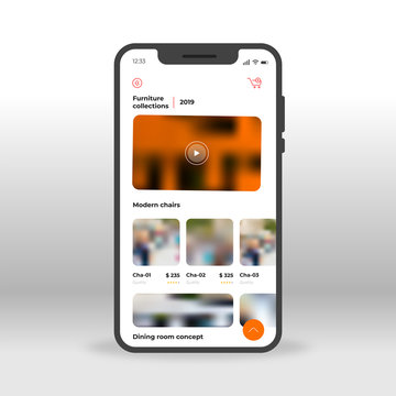 Red and orange furniture UI, UX, GUI screen for mobile apps design. Modern responsive user interface design of mobile applications including Furniture products screen