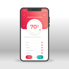 Red winter collection sale element on online shopping UI, UX, GUI screen for mobile apps design. Modern responsive user interface design of mobile applications including 70% sale screen