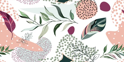 Behang Pastel abstracte botanische naadloze patroon met exotische bladeren, hand getrokken achtergrond. patroon. Tegel met tropisch blad