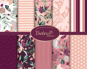 set botanic and abstract seamless pattern with exotic flowers and leaves, hand drawn background. collection floral pattern. Tile with tropical leaf