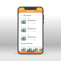 Orange playlist UI, UX, GUI screen for mobile apps design. Modern responsive user interface design of mobile applications including Music screen with add music function