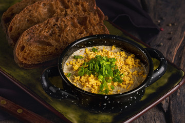 Food from Caucasian cuisine with green onions and slices of bread on a tray