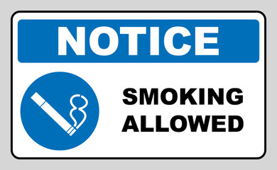 Smoking allowed icon. Round blue sign with white pictogram and black text.  illustration isolated on white. Mandatory symbol for public places and outdoors. Notice banner.