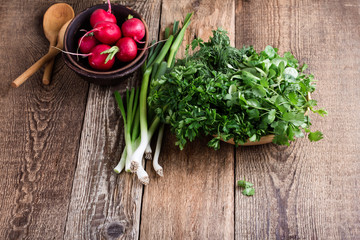 Plant fresh green vegetables and herbs cooking ingredient