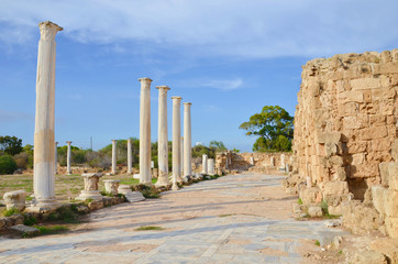 Amazing ruins of ancient Greek city-state Salamis located near Famagusta, Northern Cyprus taken on a sunny summer day. The significant archaelogical site is a popular tourist destination