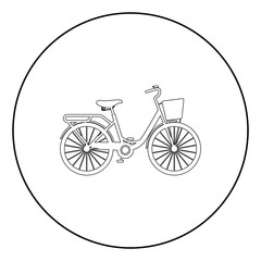 Woman's bicycle with basket Womens beach cruiser bike Vintage bicycle basket ladies road cruising icon in circle round outline black color vector illustration flat style image