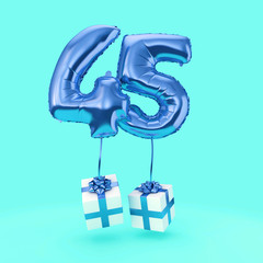 Number 45 birthday celebration foil helium balloon with presents. 3D Render