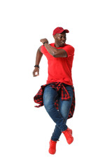 Young black stylish guy in red in motion on a white background.