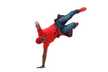 Young black stylish guy in red dancing hip-hop.