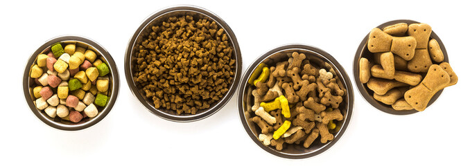 banner of pet food in bowls and toys isolated on white background