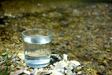 A glass of clean water on the river bank