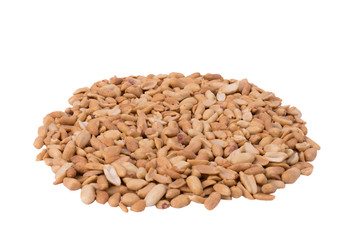 Peanuts and green olives on a white background