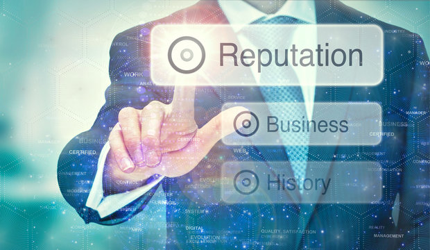 A business man selection a Reputation button on a futuristic display with a concept written on it.