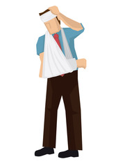 Badly injured cartoon business character in tie with a broken arm and head. Isolated vector illustration.