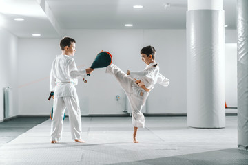 Fototapeta na wymiar Two young Caucasian boys in doboks having taekwondo training at gym. One girl kicking while other one holding kick target.