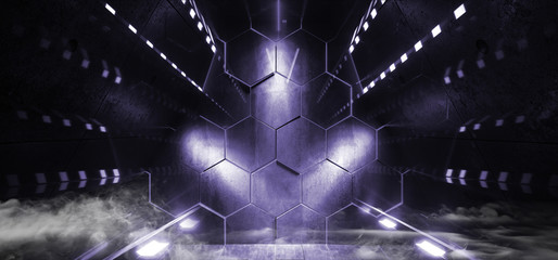 Smoke Sci Fi Neon Construction Triangle Laser Futuristic  Dark Hall Studio Corridor Underground Room Stage Glowing Blue Purple Grunge Concrete Show Retro Alien Spaceship Virtual 3D Rendering