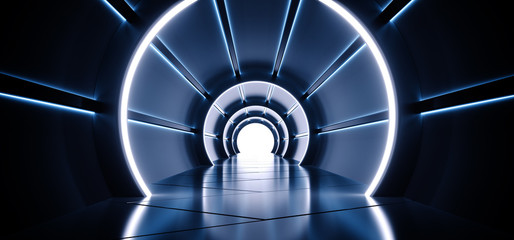 Neon Sci-Fi Futuristic Round Cylinder Shaped Corridor With Led Blue And White Lights Glowing With Reflection Blue White Spaceship Interior Technology Concept 3D Rendering