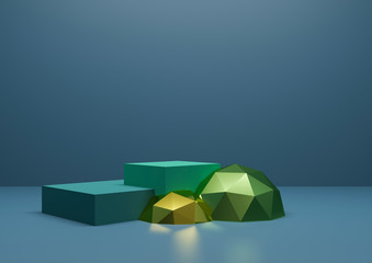 Podium or showcase with geometric shapes. 3D illustration