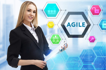 The concept of business, technology, the Internet and the network. A young entrepreneur working on a virtual screen of the future and sees the inscription: Agile