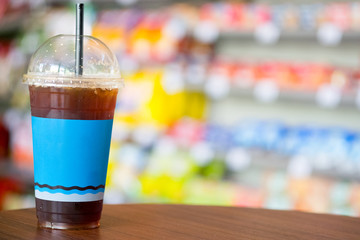 Close up ice long black coffee in coffee shop