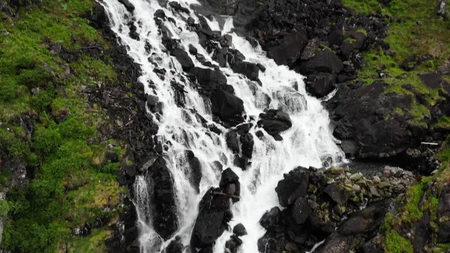 Aerial view. Norwegian landscape. Twin waterfall Latefoss or Latefossen in summertime, Odda Hordaland County in Norway. National tourist Hardanger road 13