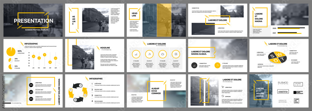Wall mural presentation template. yellow elements for slide presentations on a white background. use also as a 