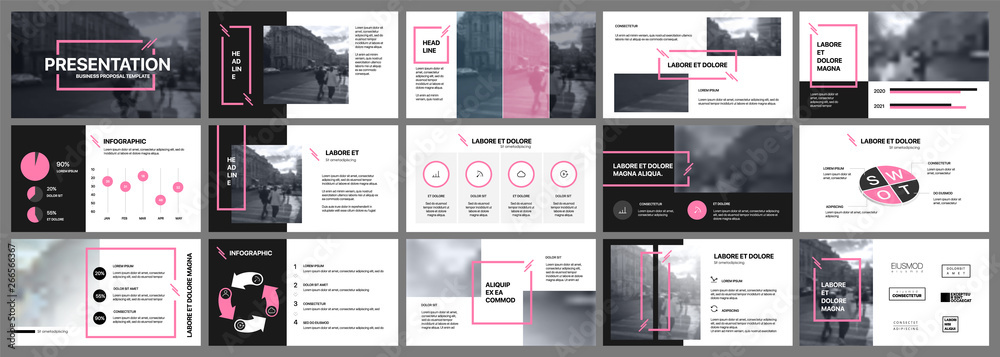 Sticker presentation template. pink elements for slide presentations on a white background. use also as a fl