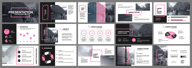 Presentation template. Pink elements for slide presentations on a white background. Use also as a flyer, brochure, corporate report, marketing, advertising, annual report, banner. - obrazy, fototapety, plakaty