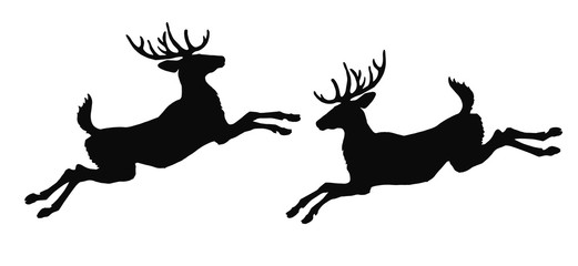 realistic silhouette of a jumping deer on a white background, for decoration of a reindeer team for Christmas and New Year