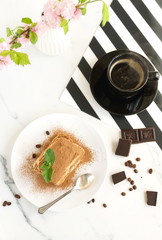 Classic tiramisu, traditional Italian dessert and cup of coffee on a marble table, background top view.copy space