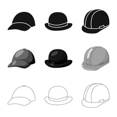 Vector illustration of clothing and cap icon. Set of clothing and beret vector icon for stock.