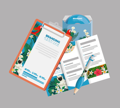 tropical clipboard with business brochure and paper