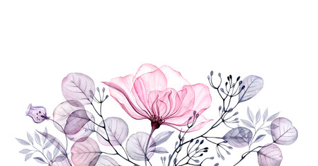 Watercolor Transparent floral arrangement of roses buds leaves branches in pastel pink, grey, blue, violet, purple vintage ornament bouquet corner, x-ray, wedding design, stationery print, frame   - 266568187