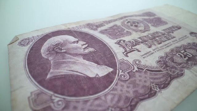 Vladimir Lenin portrait on old Russia ruble banknote macro, leader of Russian Revolution 1917, black and white