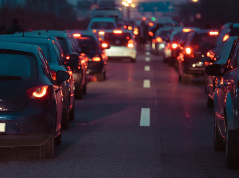 Traffic Jam Cars In Row Dusk Night